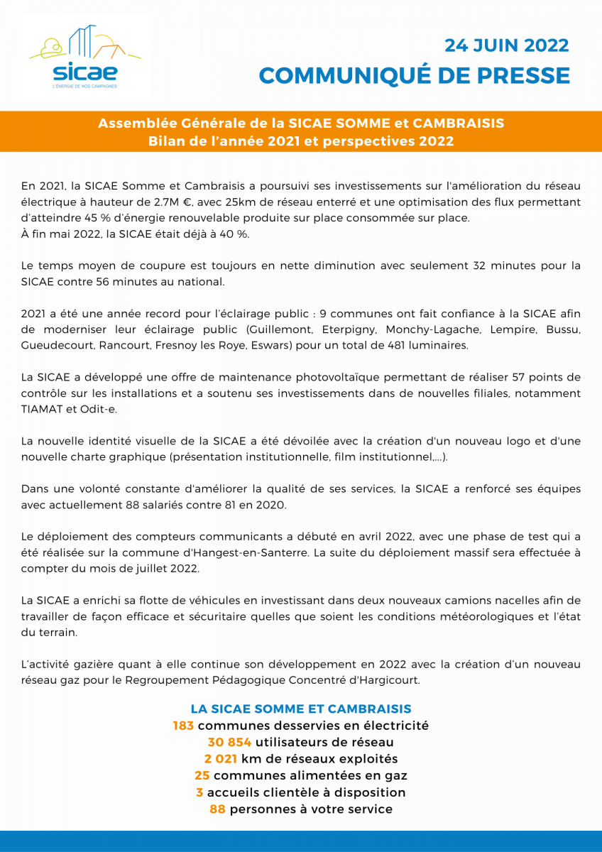 Communiqué de presse - Assemblée Générale SICAE Somme et Cambraisis
